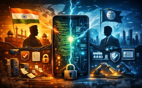 Illustration of India’s smartphone source code standoff showing a phone with glowing code, an Indian official on the left, and a global tech representative on the right.