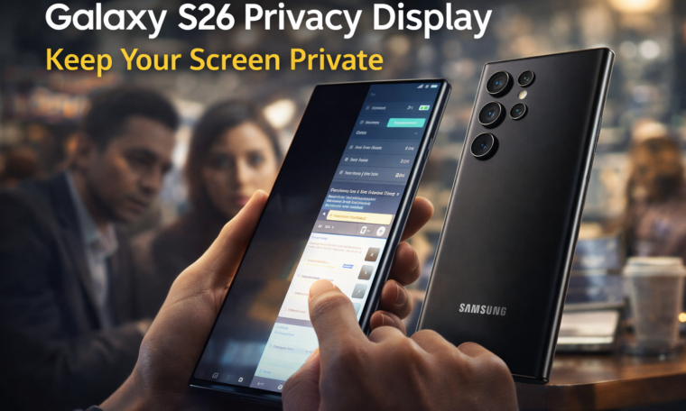 Samsung Galaxy S26 Ultra smartphone demonstrating the Privacy Display feature in a public setting, with screen content obscured from side-viewers, emphasizing privacy.