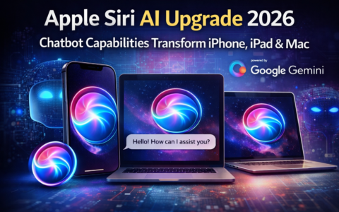 Apple Siri AI upgrade in 2026 with chatbot capabilities on iPhone, iPad, and Mac, powered by Google Gemini, featuring glowing holographic interface