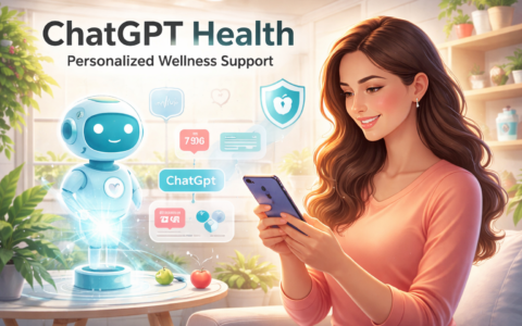 Illustration of a woman using ChatGPT Health app on her smartphone with an AI assistant hologram, showing personalized wellness data and health insights.
