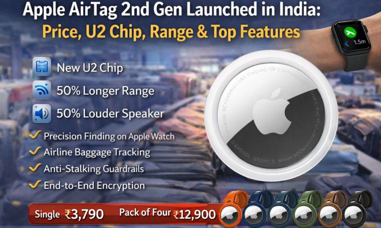 Apple AirTag 2nd generation showcased with U2 chip, extended range, louder speaker, and Apple Watch precision finding for travelers in India.