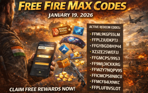 Free Fire Max Codes for January 19, 2026 showing a battle royale character redeeming codes for free rewards, skins, and vouchers
