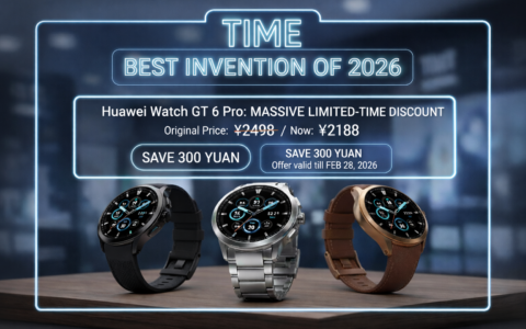 Huawei Watch GT 6 Pro smartwatches displayed in a rectangular promotional banner showing limited-time discount and Best Invention of 2026 award