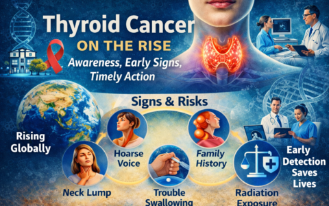 thyroid cancer on the rise with highlighted thyroid gland, early symptoms like neck lump and hoarse voice, and key risk factors.